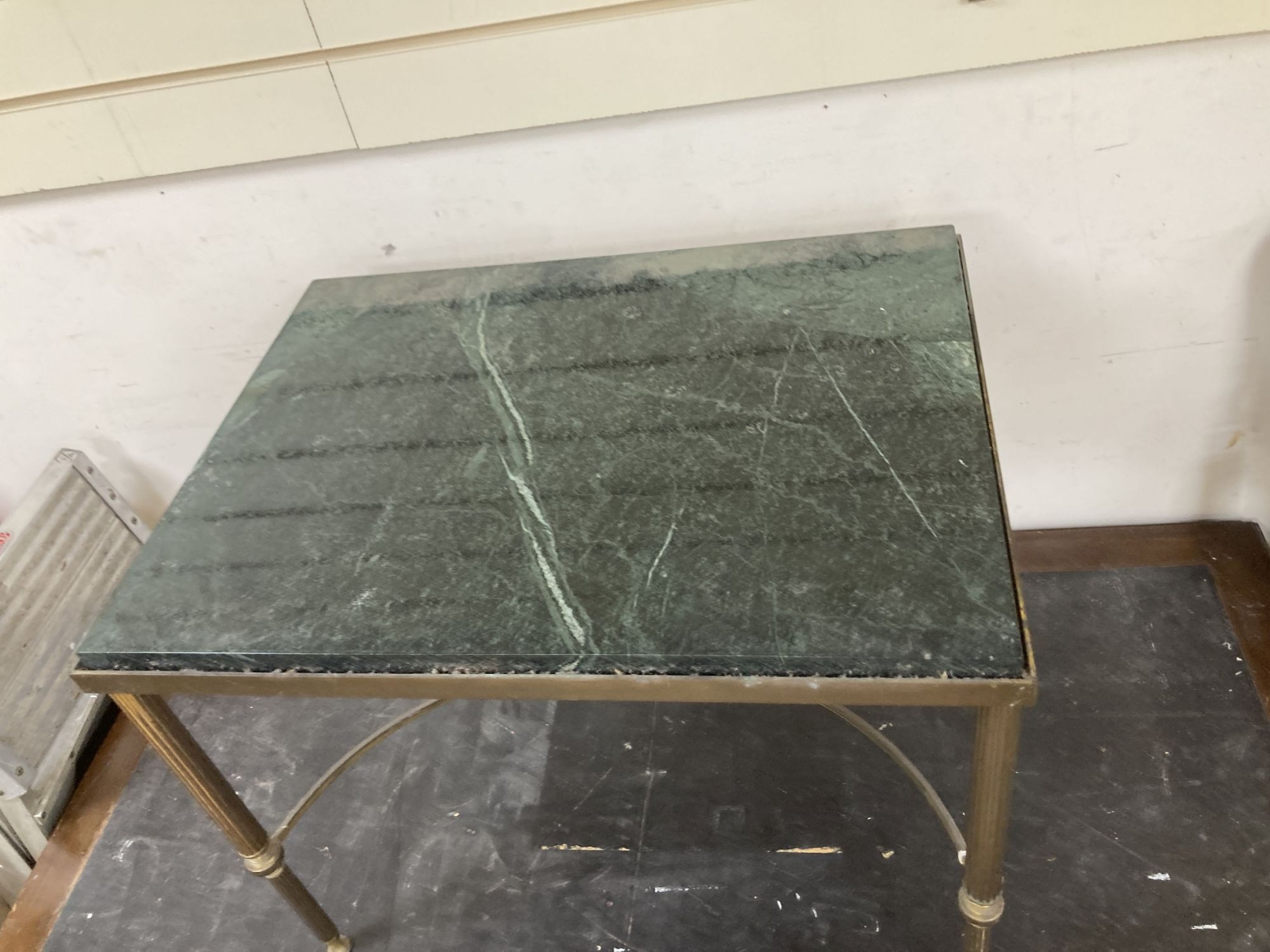 A Maison Janson style rectangular brass and marble top occasional table, width 62cm, depth 47cm, height 48cm